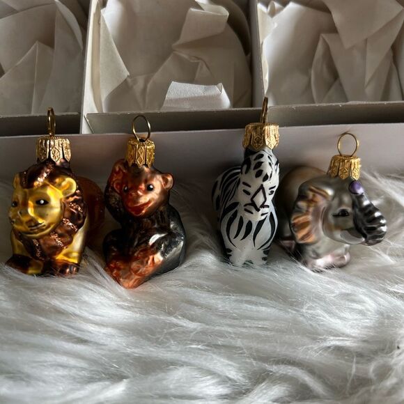 Four vintage handblown glass jungle animals Christmas ornament set, Poland, box - Picture 2 of 8